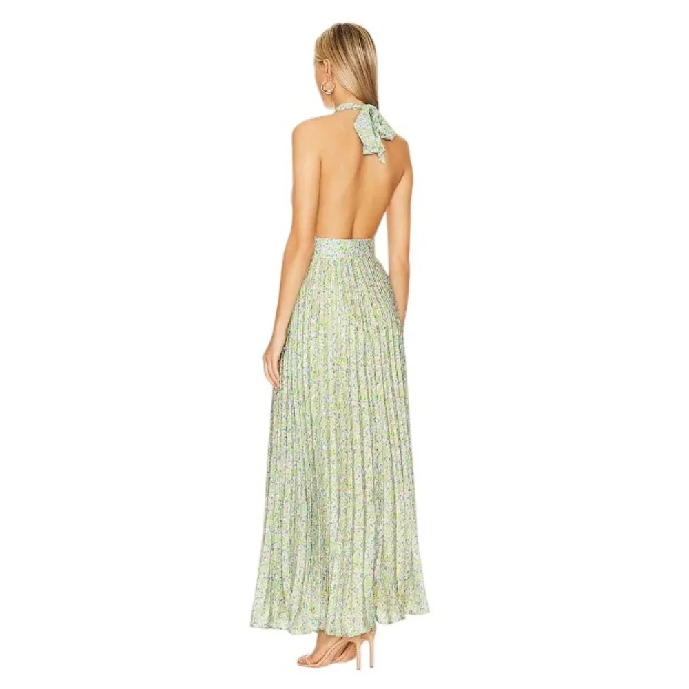 ByTiMo Plisse Pleated Halterneck‎ Maxi Dress In Green Garden Open Back  Large